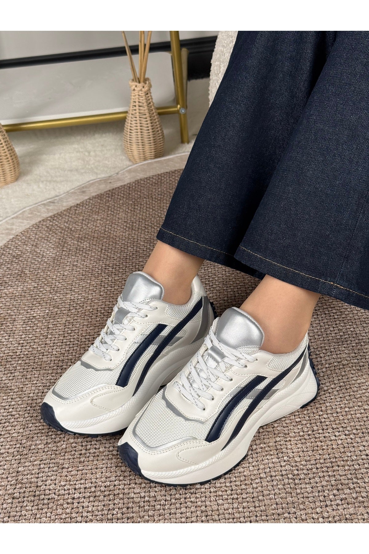 Rovena Kadın Lacivert Gri Koyu Gri Gümüş Yüksek Taban Bağcıklı  Sneaker Spor Ayakkabı - Lacivert/ Gri