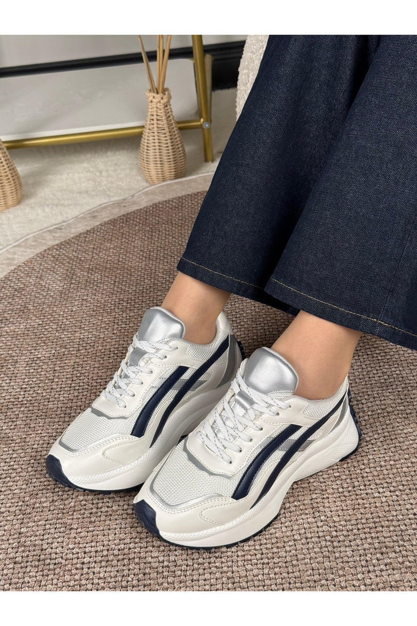 Rovena Kadın Lacivert Gri Koyu Gri Gümüş Yüksek Taban Bağcıklı  Sneaker Spor Ayakkabı - Lacivert/ Gri
