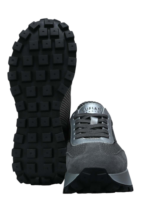 Sporline Lufian gri suni deri kadın sneaker, kalın tırtıklı siyah tabanlı ve bağcıklı tasarım