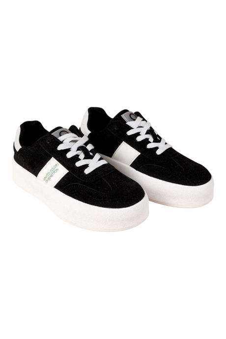 Sporline Benetton siyah beyaz suni deri kadın sneaker, kalın beyaz tabanlı günlük spor ayakkabı modeli.