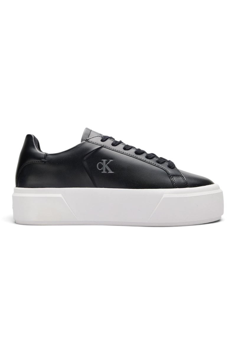 Sporline Calvin Klein siyah deri kadın sneaker, kalın beyaz tabanlı şık günlük ayakkabı tasarımı