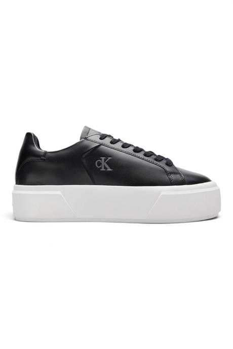 Sporline Calvin Klein siyah deri kadın sneaker, kalın beyaz tabanlı şık günlük ayakkabı tasarımı