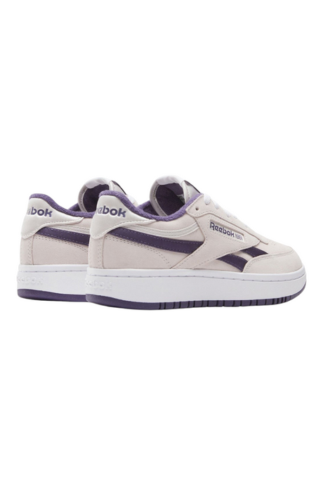 Sporline Reebok Club Double Revenge kadın gri deri ve PU sneaker, mor detaylı kalın tabanlı spor ayakkabı.