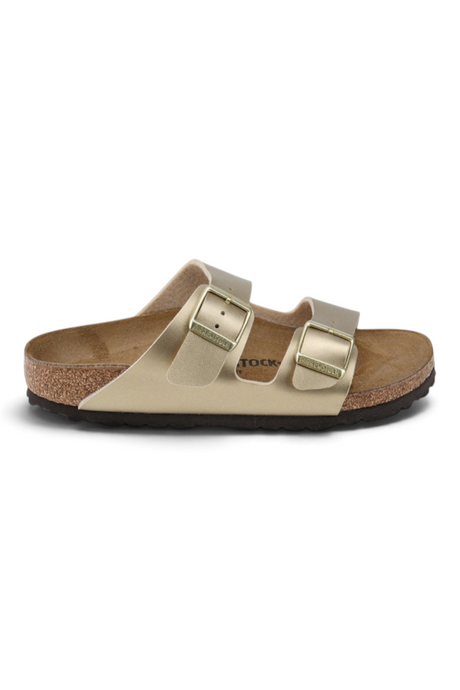 Sporline Birkenstock Arizona metalik altın rengi kadın terlik, mantar tabanlı ve çift tokalı tasarım