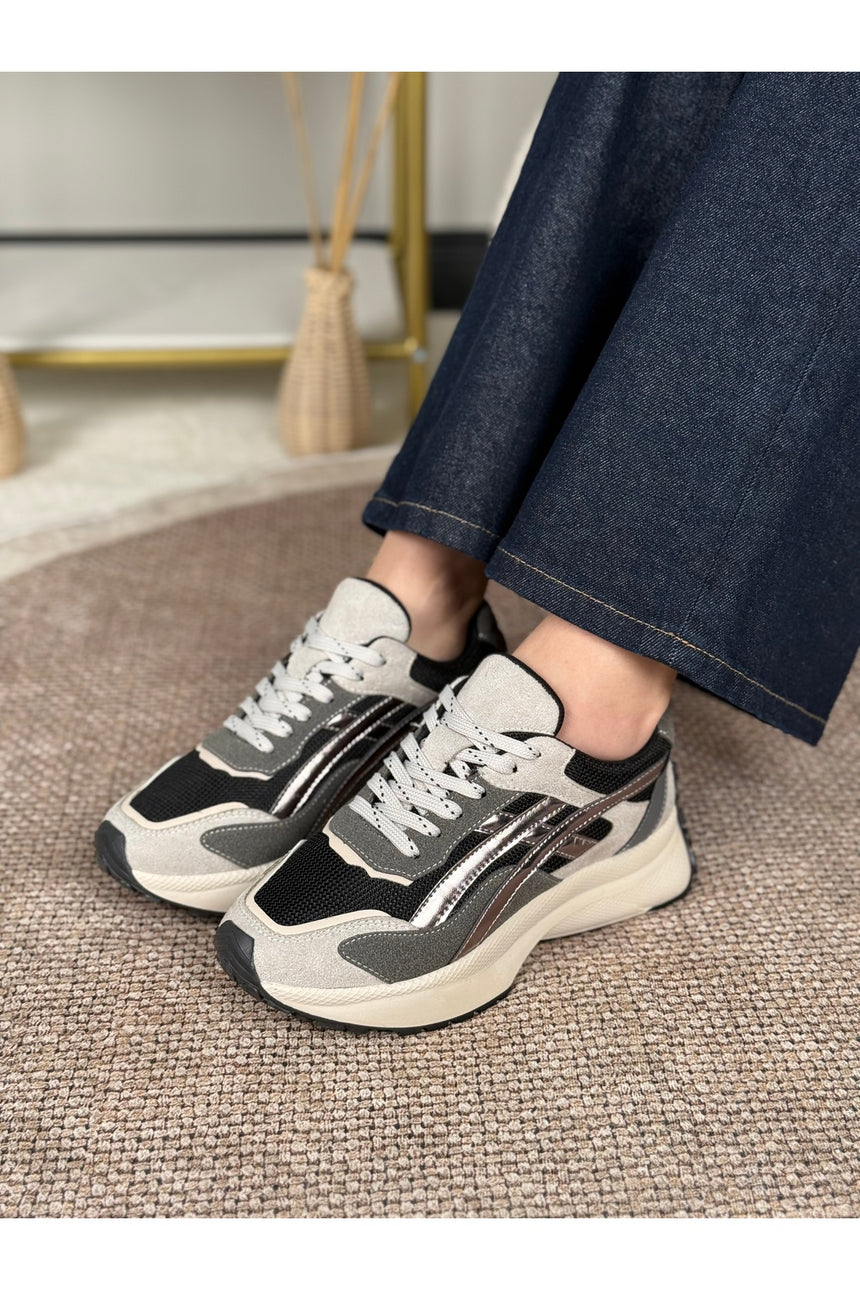 Rovena Kadın Gri Gümüş Yüksek Taban Bağcıklı  Sneaker Spor Ayakkabı - Gri