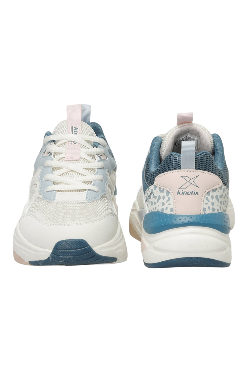 Sporline Kinetix Foxy TX kadın sneaker, ekru ve mavi tonlarında, tekstil malzemeli, desenli detaylı spor ayakkabı.