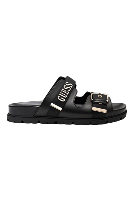 Sporline Guess siyah polyester kadın sandalet, yan tarafta Guess logolu bant ve altın renkli toka detayı