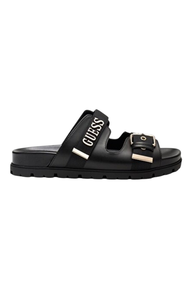 Sporline Guess siyah polyester kadın sandalet, yan tarafta Guess logolu bant ve altın renkli toka detayı