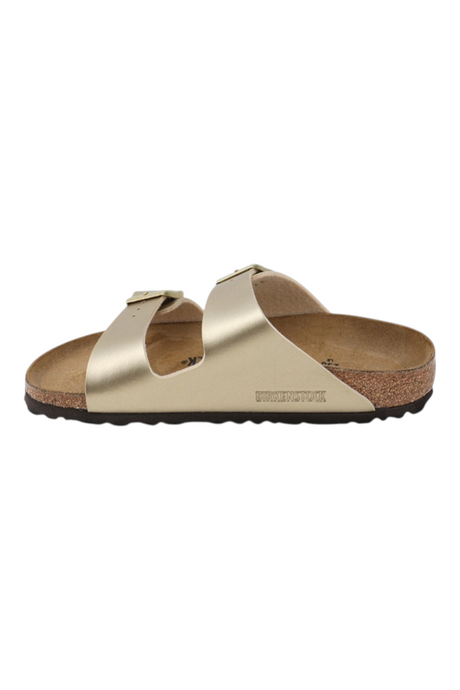 Sporline Birkenstock Arizona kadın terlik, metalik altın sarısı renkli, mantar tabanlı ve çift tokalı tasarım.