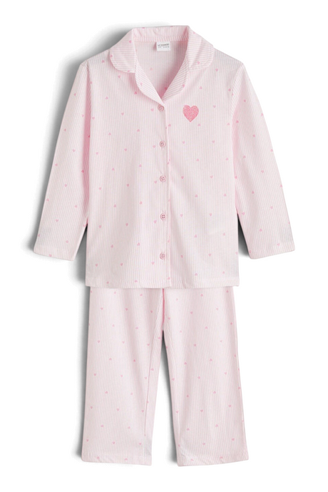 Sporline LC Waikiki pembe renkli, kalp desenli, gömlek yakalı kız çocuk pijama takımı