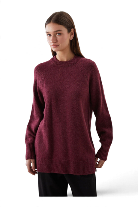 Sporline LC Waikiki bordo renkli, bisiklet yaka, oversize kesim kadın triko tunik