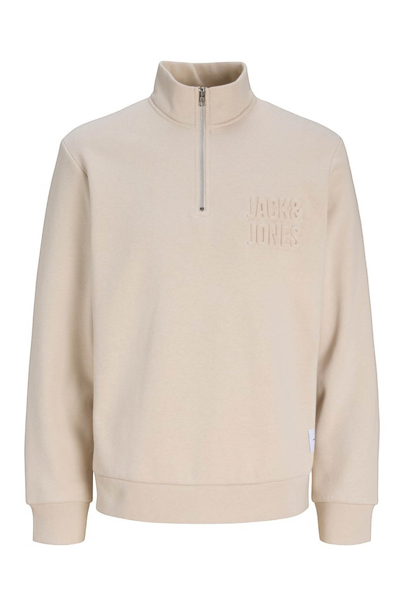 Sporline Jack & Jones gri renkli, dik yakalı, yarım fermuarlı ve logo baskılı erkek sweatshirt