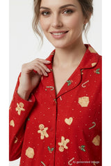 LC Waikiki Kadın Yılbaşı Desenli Pijama Takımı W6K038D8 - Kırmızı