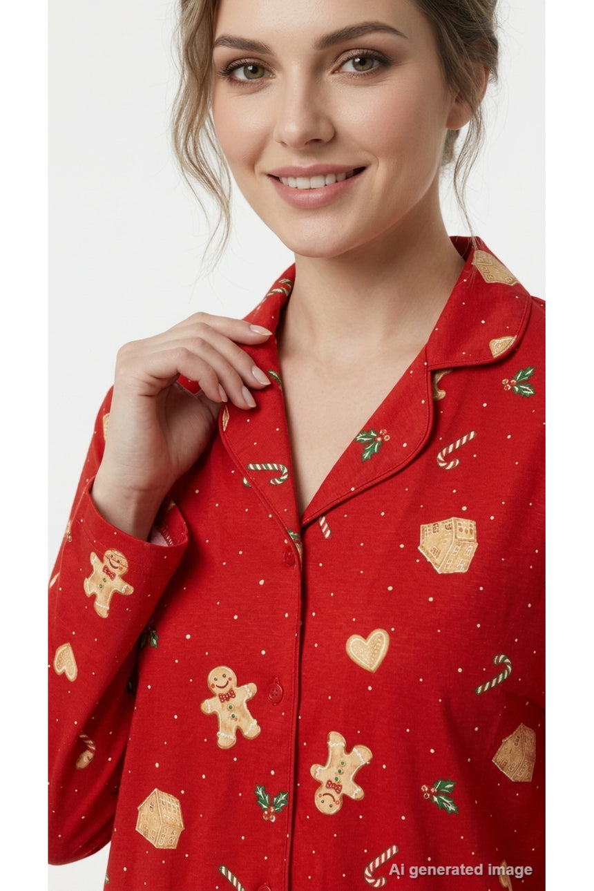 LC Waikiki Kadın Yılbaşı Desenli Pijama Takımı W6K038D8 - Kırmızı
