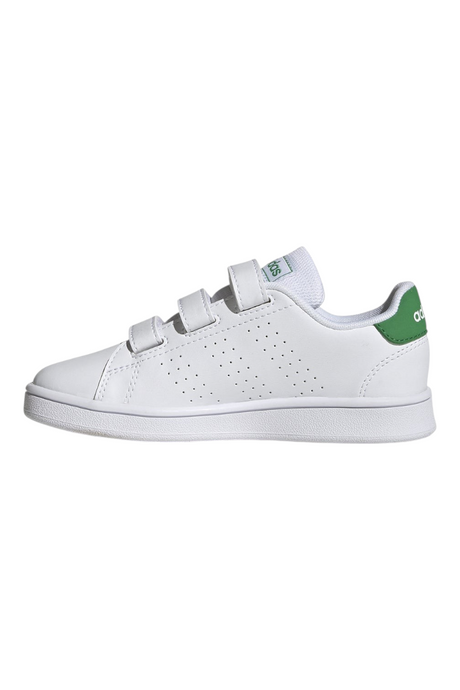Sporline adidas Advantage Base beyaz suni deri çocuk sneaker, cırt cırtlı bantlı ve yeşil detaylı yan profil görünümü