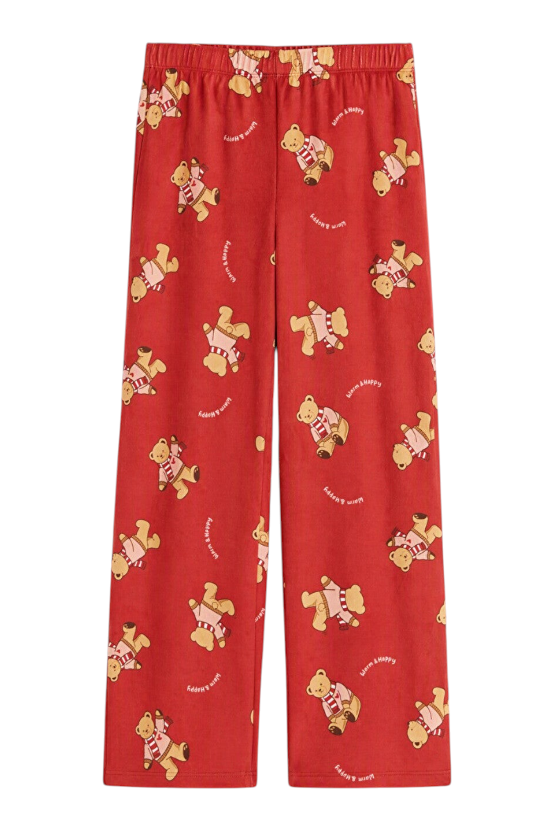 Sporline LC Waikiki pembe renkli, ayıcık desenli, yumuşak dokulu kız çocuk kadife pijama altı