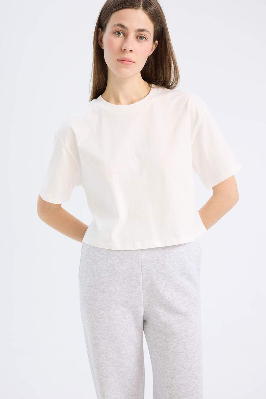 Defacto Kadın Short Sleeve T-Shirt C7459Ax - Ekru