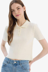 DeFacto N9752AZ Kadın Polo Yaka T-Shirt - Ekru