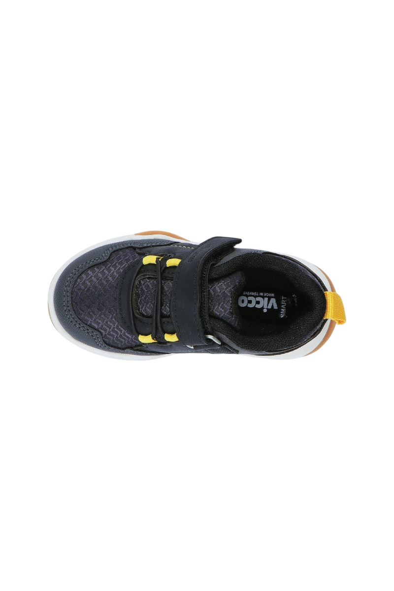 Sporline Vicco siyah tekstil çocuk sneaker, cırt cırtlı ve sarı detaylı üstten görünüm