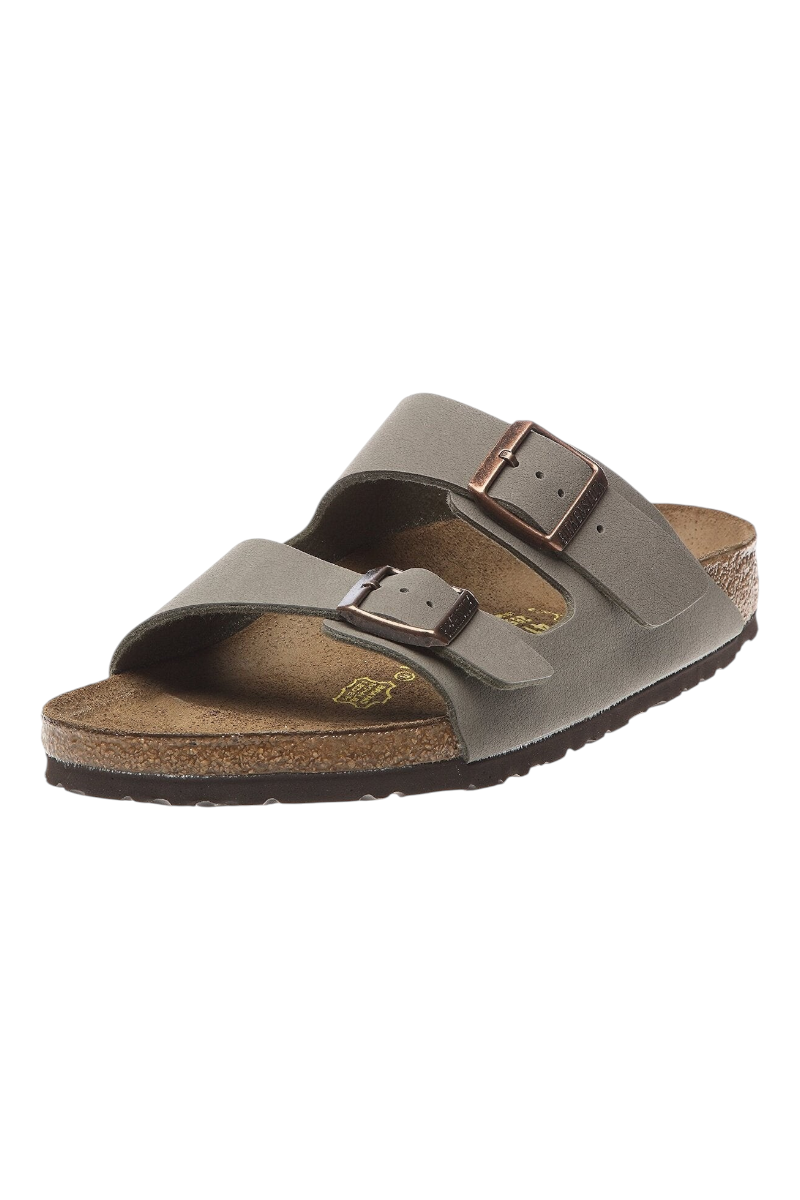 Sporline Birkenstock Arizona unisex deri terlik, kum beji renginde, çift tokalı tasarım ve mantar tabanlı.