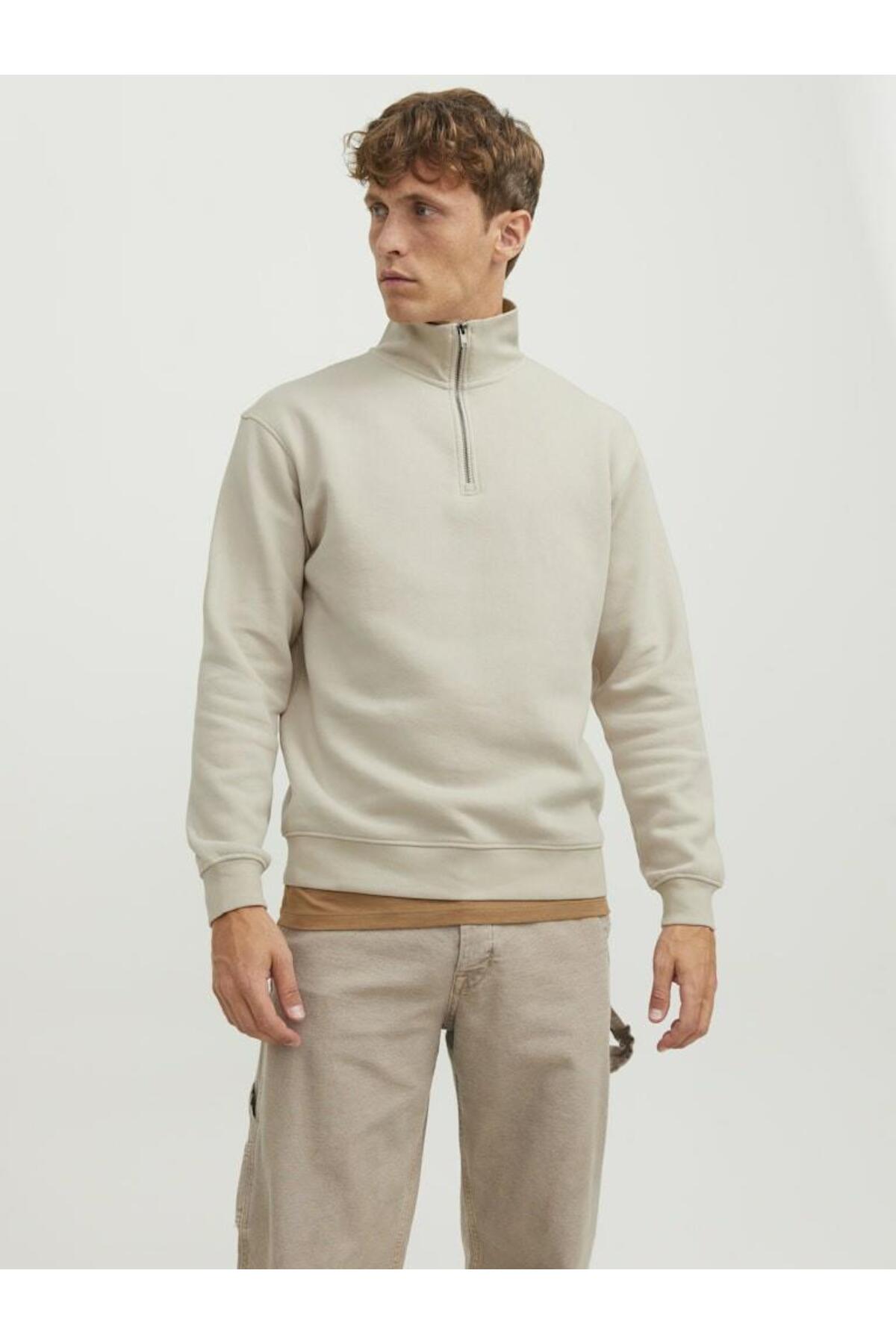 Jack & Jones Bradley Erkek Yarım Fermuarlı Sweatshirt 12250747 - Bej / Açık Gri