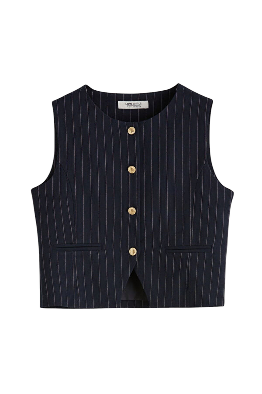 Sporline LC Waikiki kız çocuk koyu lacivert çizgili slim fit bisiklet yaka düğmeli yelek