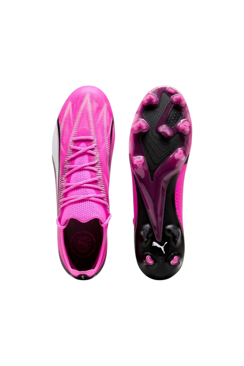 Sporline Puma Ultra Ultimate FG/AG krampon, canlı pembe ve siyah renkli, profesyonel futbol ayakkabısı tasarımı.