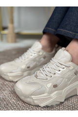 Noctra Kadın Krem Deri Detaylı Bağcıklı Yüksek Tabanlı  Sneaker Spor Ayakkabı - Krem
