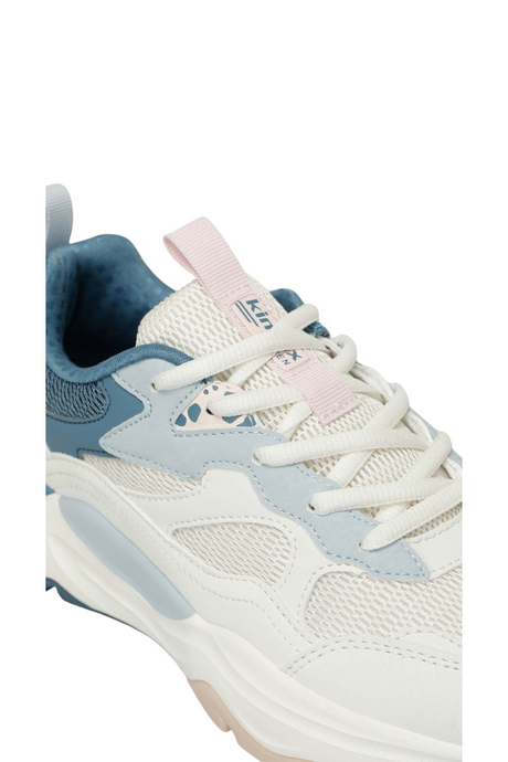 Sporline Kinetix Foxy TX kadın sneaker, ekru ve mavi tonlarında, tekstil malzemeli, bağcıklı spor ayakkabı detayı.