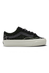 Sporline Vans LX Old Skool unisex sneaker, siyah, yeşil ve gri desenli tekstil yüzeyli, beyaz tabanlı spor ayakkabı.