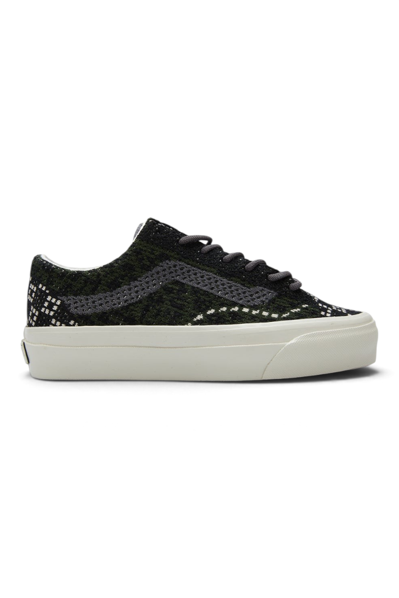 Sporline Vans LX Old Skool unisex sneaker, siyah, yeşil ve gri desenli tekstil yüzeyli, beyaz tabanlı spor ayakkabı.