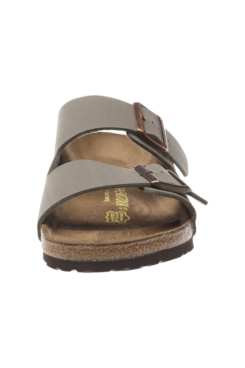 Sporline Birkenstock Arizona unisex deri terlik, kahverengi kum beji renginde, ayarlanabilir tokalı tasarım.