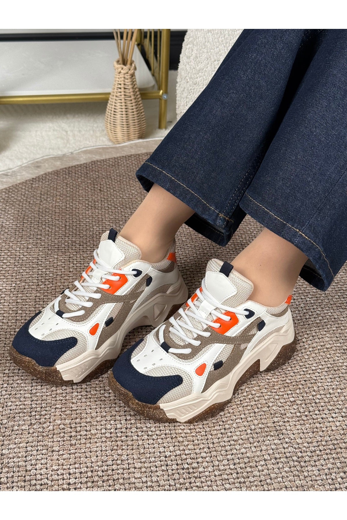 Noctra Kadın Süet Lacivert Koyu Kahverengi Bağcıklı Yüksek Tabanlı Sneakers - Lacivert/ Kahve