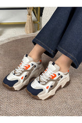 Noctra Kadın Süet Lacivert Koyu Kahverengi Bağcıklı Yüksek Tabanlı Sneakers - Lacivert/ Kahve
