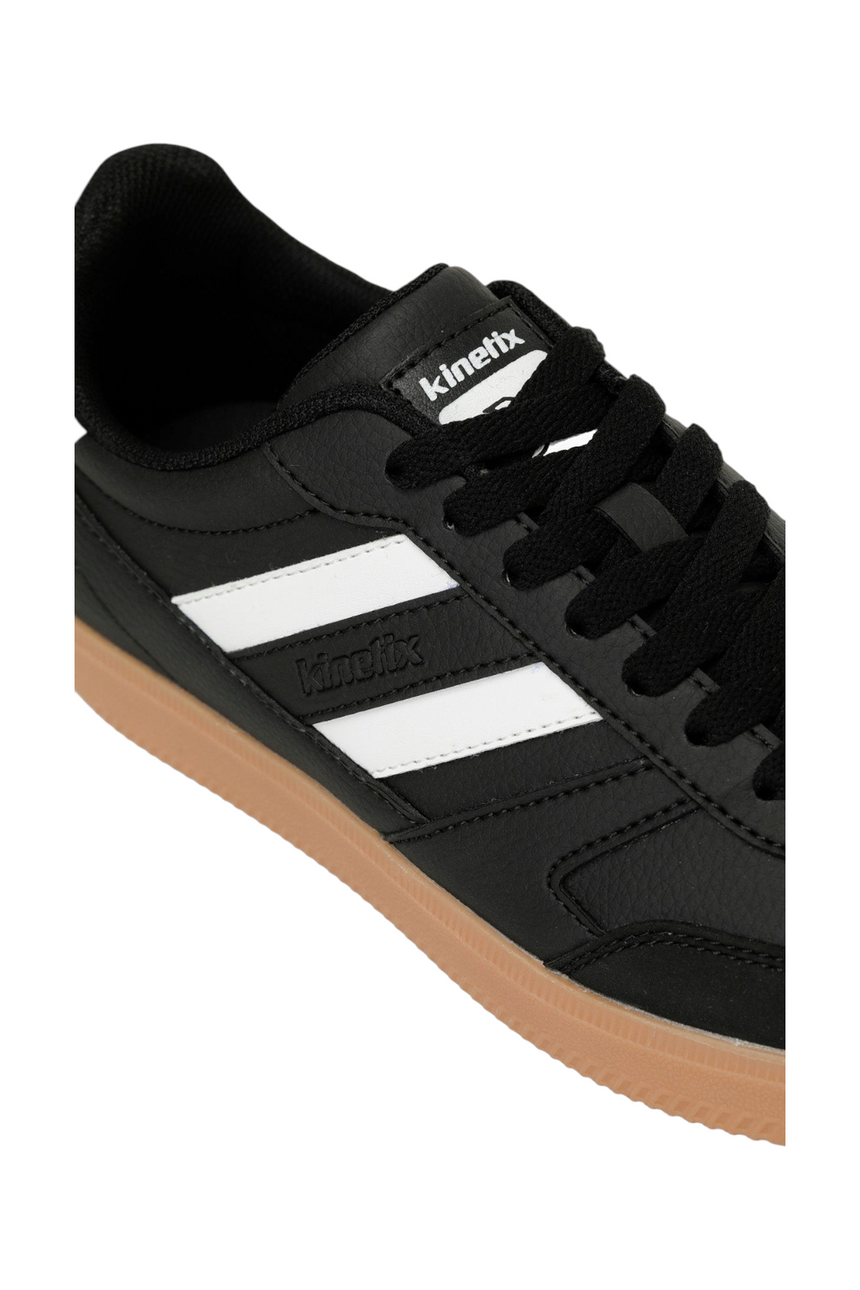 Sporline Kinetix Rudow siyah PU erkek sneaker, yan kısımdaki beyaz çizgili detayları ve taba rengi tabanı ile