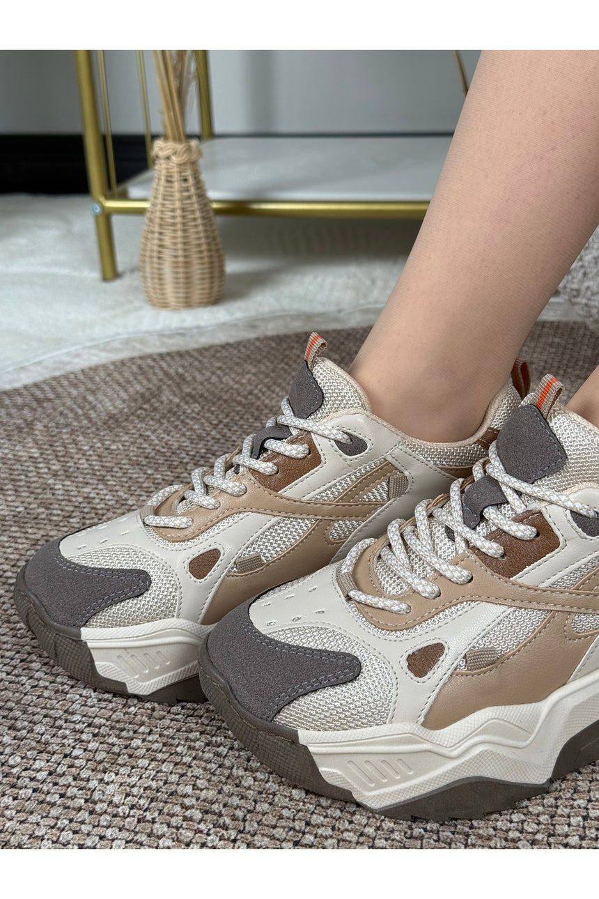 Noctra Kadın Süet Bej Kahverengi Bağcıklı Yüksek Tabanlı Sneakers - Süet Bej/ Kahverengi