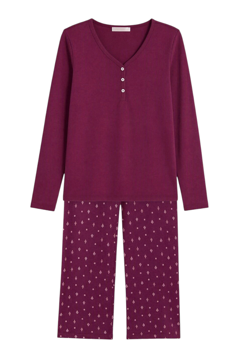 Sporline LC Waikiki koyu kırmızı V yaka uzun kollu pamuklu kadın pijama takımı