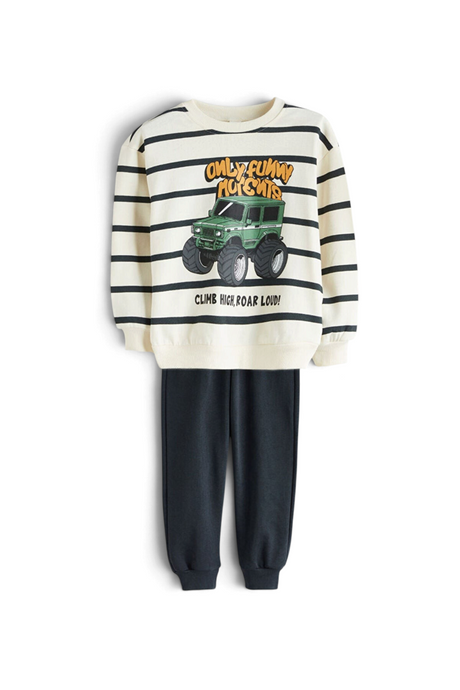 Sporline LC Waikiki çocuk eşofman takımı, çizgili sweatshirt ve düz lacivert alt parçadan oluşan %100 pamuklu set.