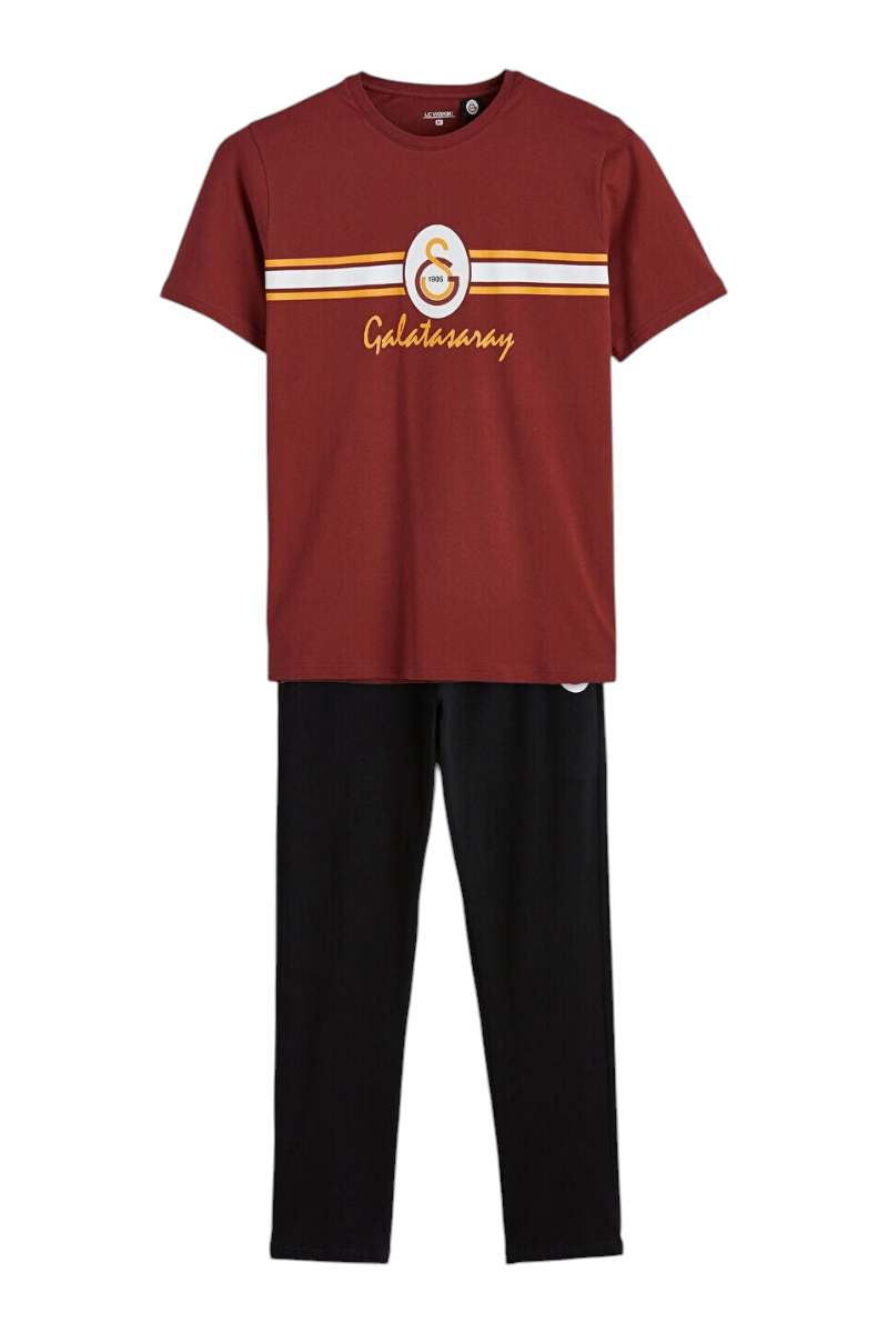 Sporline erkek kırmızı Galatasaray baskılı kısa kollu pijama takımı ve siyah alt parça