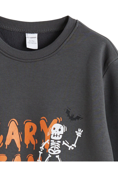 Sporline LC Waikiki antrasit renkli, iskelet ve yarasa baskılı, pamuk karışımlı çocuk sweatshirt