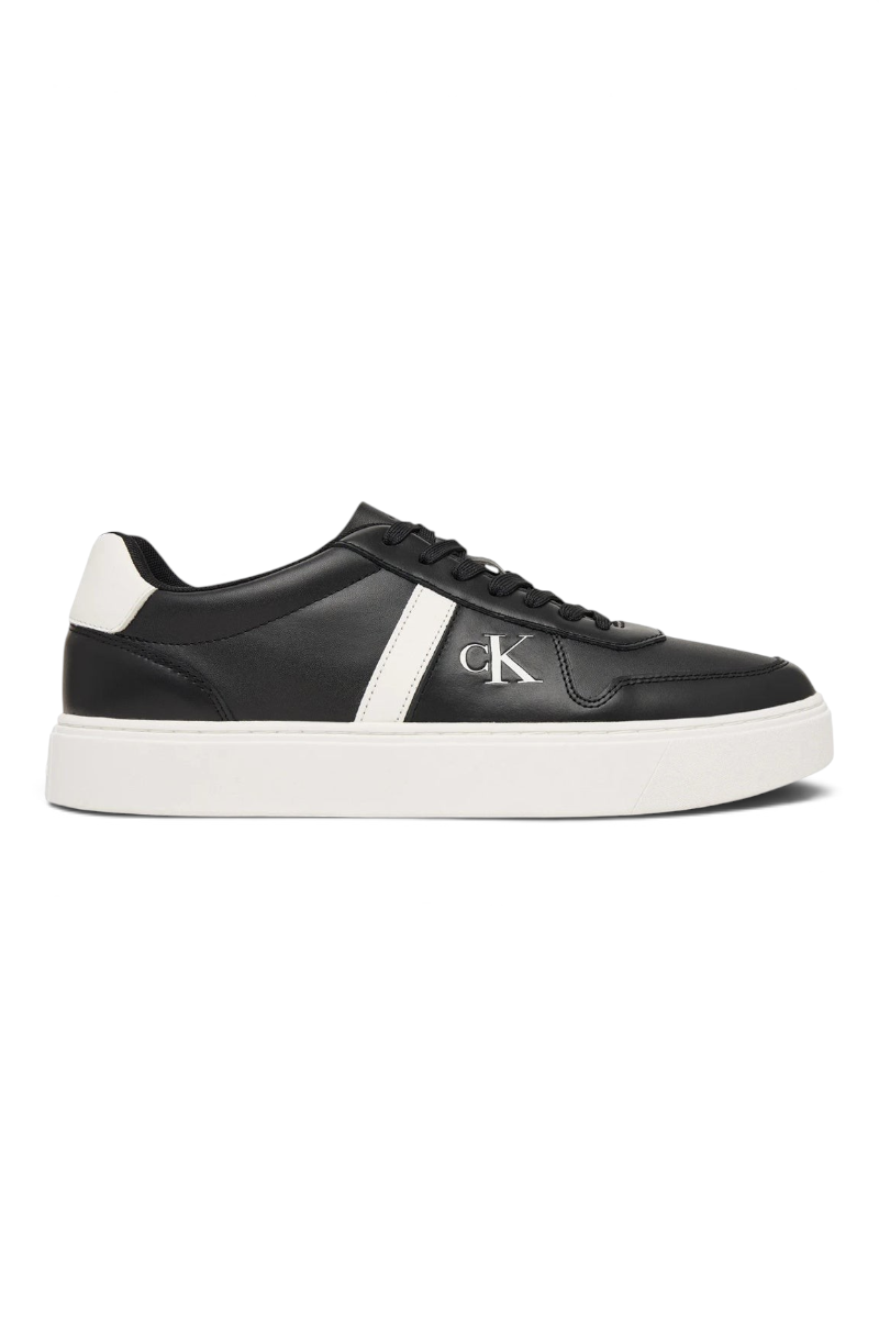 Sporline Calvin Klein siyah deri erkek sneaker, yan tarafında beyaz şerit ve CK logo detayı ile