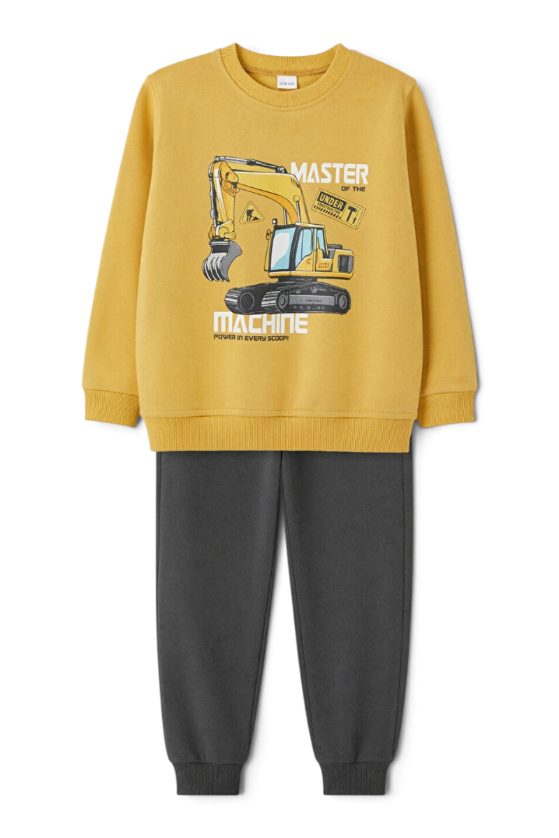 Sporline LC Waikiki sarı baskılı sweatshirt ve antrasit eşofman altından oluşan organik pamuklu çocuk takım