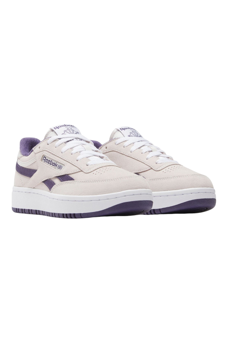 Sporline Reebok Club Double Revenge kadın sneaker, gri deri ve PU malzeme, mor detaylı günlük spor ayakkabı