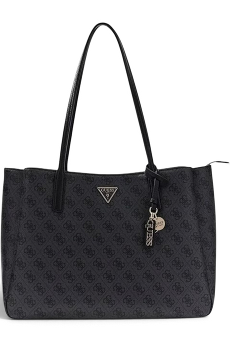 Sporline Guess Noelle II siyah monogram desenli kadın omuz çantası, şık metal logo detaylı
