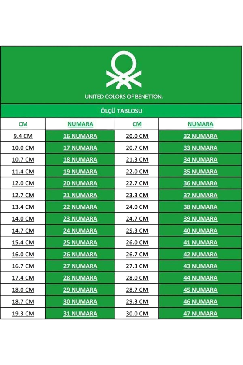 Sporline Benetton erkek yürüyüş ayakkabısı için santimetre ve numara değerlerini gösteren yeşil beden ölçü tablosu