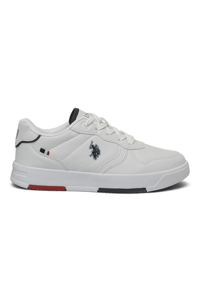 Sporline U.S. Polo Assn. beyaz suni deri kadın sneaker, yan tarafta marka logolu ve renkli detaylı taban tasarımı