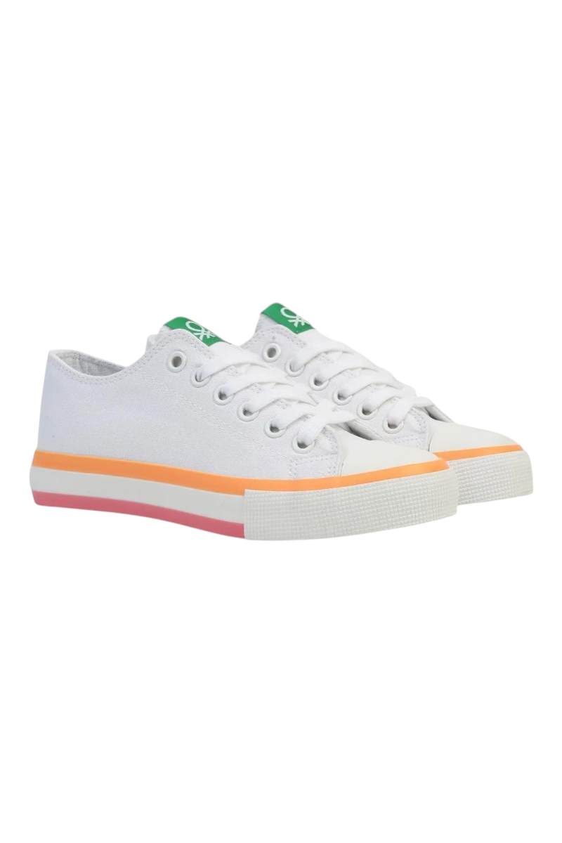 Sporline Benetton beyaz kanvas kadın sneaker, turuncu ve pembe şeritli kauçuk taban detaylı
