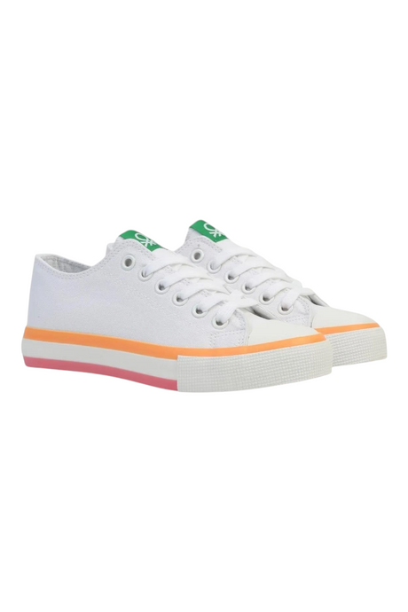 Sporline Benetton beyaz kanvas kadın sneaker, turuncu ve pembe şeritli kauçuk taban detaylı