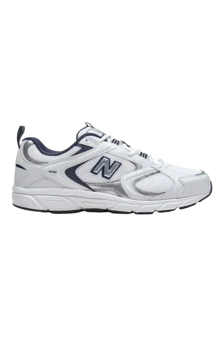 Sporline New Balance 408 beyaz unisex spor ayakkabı, file detaylı ve gümüş vurgulu şık günlük yürüyüş ayakkabısı