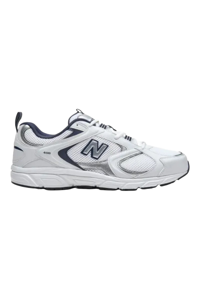 Sporline New Balance 408 beyaz unisex spor ayakkabı, file detaylı ve gümüş vurgulu şık günlük yürüyüş ayakkabısı
